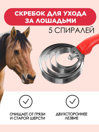 Гребень для лошади Exmork, 5 спиральный, двусторонний, для чистки шкур, нержавеющая сталь